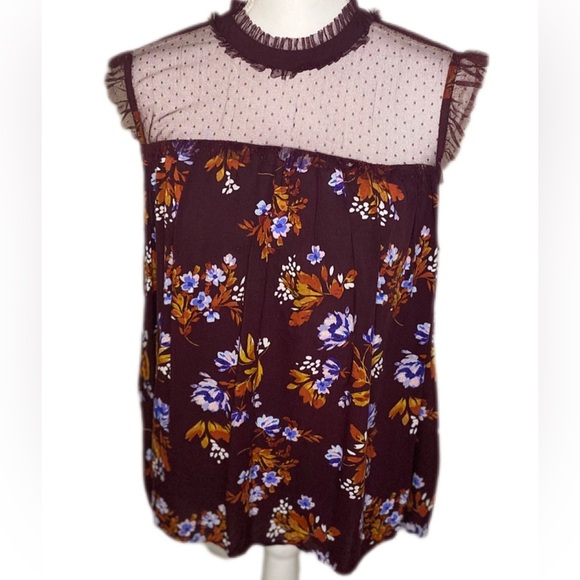 Arizona Jean Co. Floral Mesh Yoke Blouse – Maroon Multi – Size XXL - Picture 2 of 8